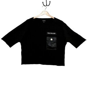 True Religion‎ Womens S Crop Top Vegan Faux Leather Pocket Bikercore Edgy Grunge